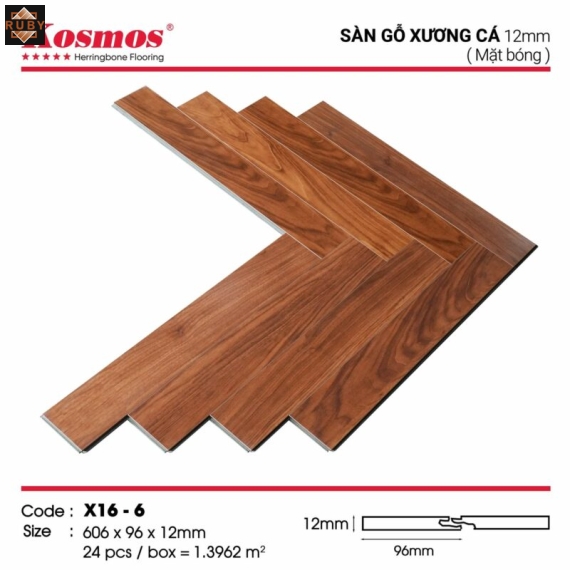Sàn Gỗ Kosmos Xương Cá Cốt Xanh 12mm Đế Cao Su X16-6